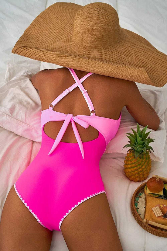 One Piece Swimsuit Cutout One Piece Swimsuit - Rose-Red Ricrac Trim