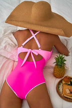 One Piece Swimsuit Cutout One Piece Swimsuit - Rose-Red Ricrac Trim