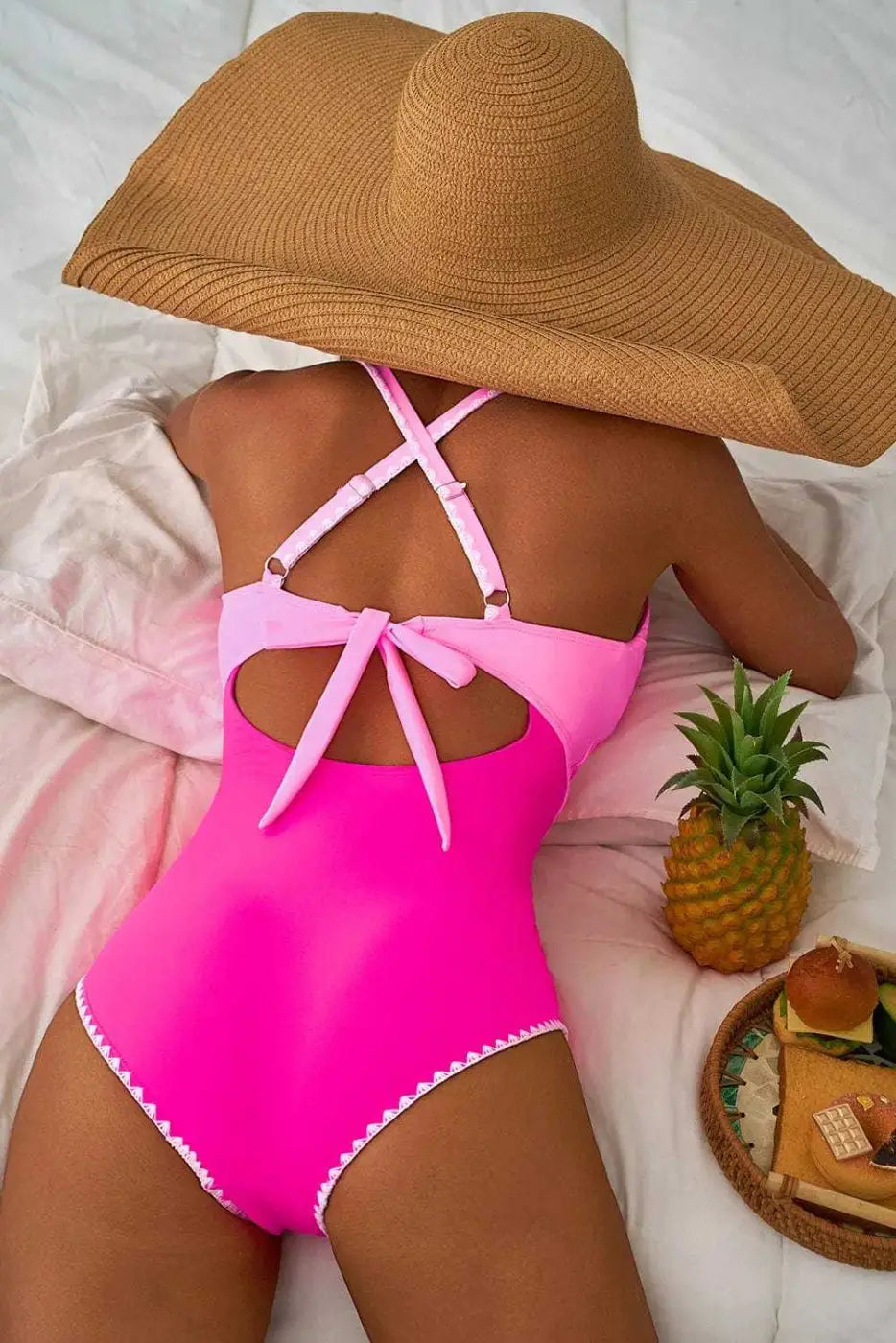 One Piece Swimsuit Cutout One Piece Swimsuit - Rose-Red Ricrac Trim