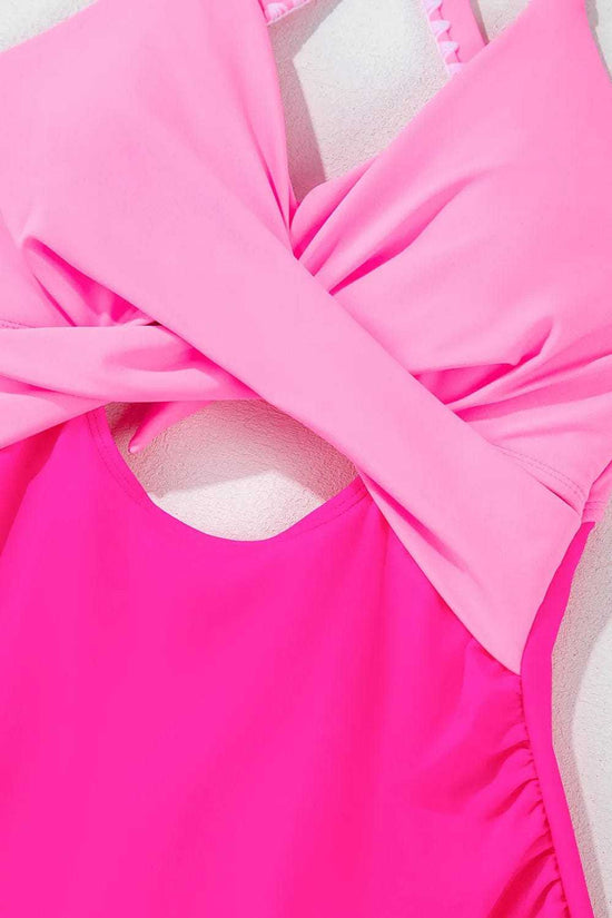 One Piece Swimsuit Cutout One Piece Swimsuit - Rose-Red Ricrac Trim