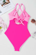 One Piece Swimsuit Cutout One Piece Swimsuit - Rose-Red Ricrac Trim