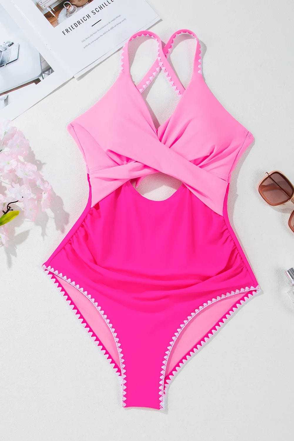 One Piece Swimsuit Cutout One Piece Swimsuit - Rose-Red Ricrac Trim