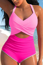One Piece Swimsuit Cutout One Piece Swimsuit - Rose-Red Ricrac Trim