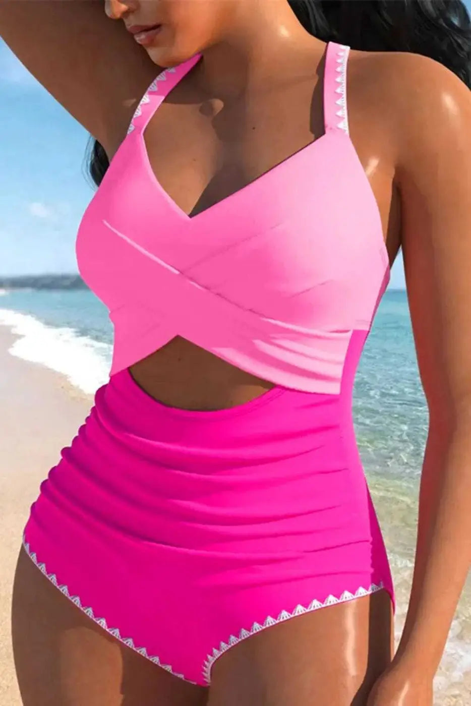 One Piece Swimsuit Cutout One Piece Swimsuit - Rose-Red Ricrac Trim