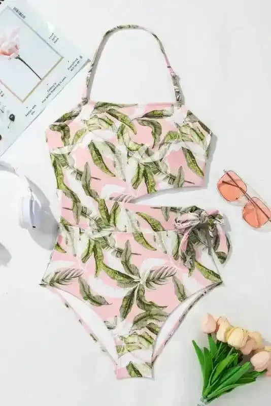 One Piece Swimsuit Island Vibes Swimsuit: Pink Tropical Asymmetric One-Piece