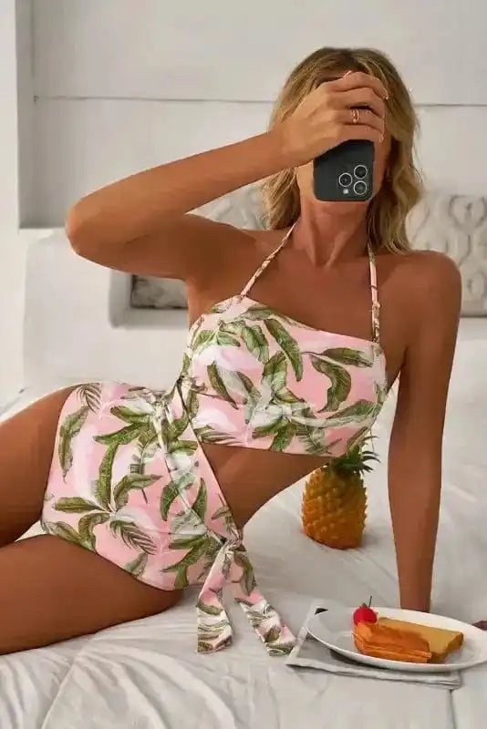 One Piece Swimsuit Island Vibes Swimsuit: Pink Tropical Asymmetric One-Piece