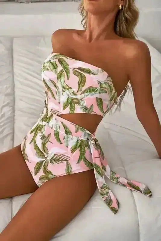 One Piece Swimsuit Island Vibes Swimsuit: Pink Tropical Asymmetric One-Piece
