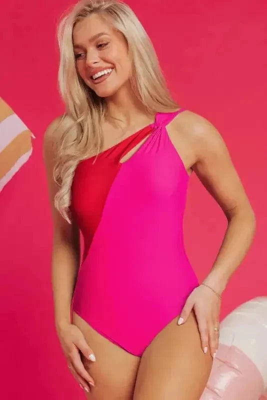 One Piece Swimsuit One-Shoulder One-Piece Swimsuit - Rose Red Two-Tones Knotted