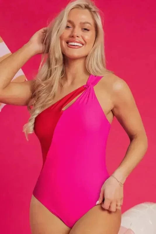 One Piece Swimsuit One-Shoulder One-Piece Swimsuit - Rose Red Two-Tones Knotted