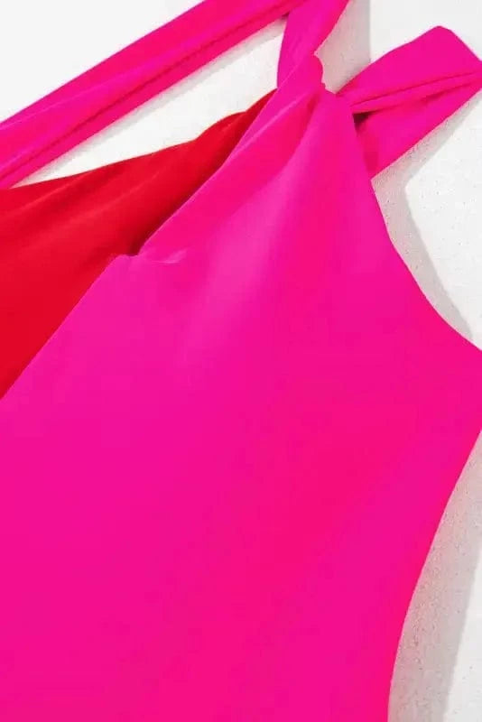 One Piece Swimsuit One-Shoulder One-Piece Swimsuit - Rose Red Two-Tones Knotted