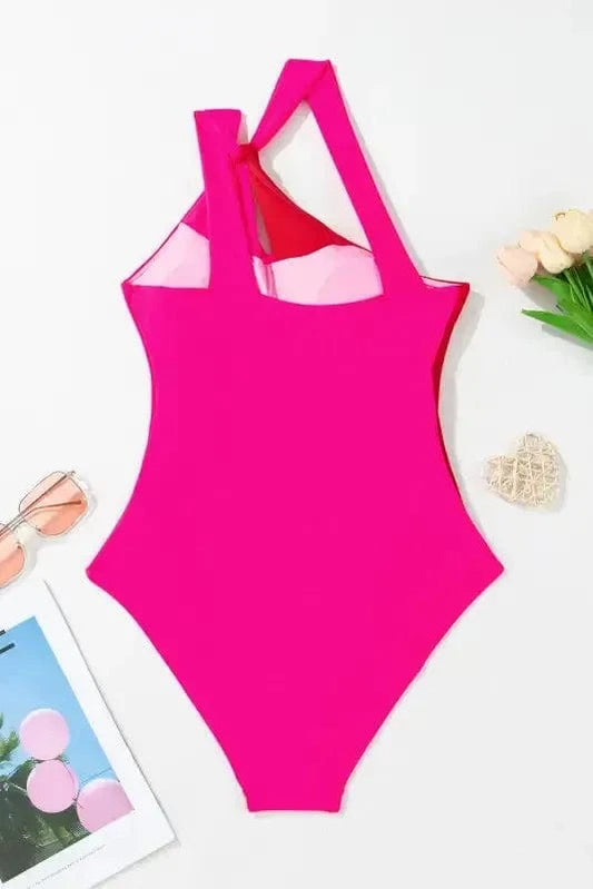 One Piece Swimsuit One-Shoulder One-Piece Swimsuit - Rose Red Two-Tones Knotted