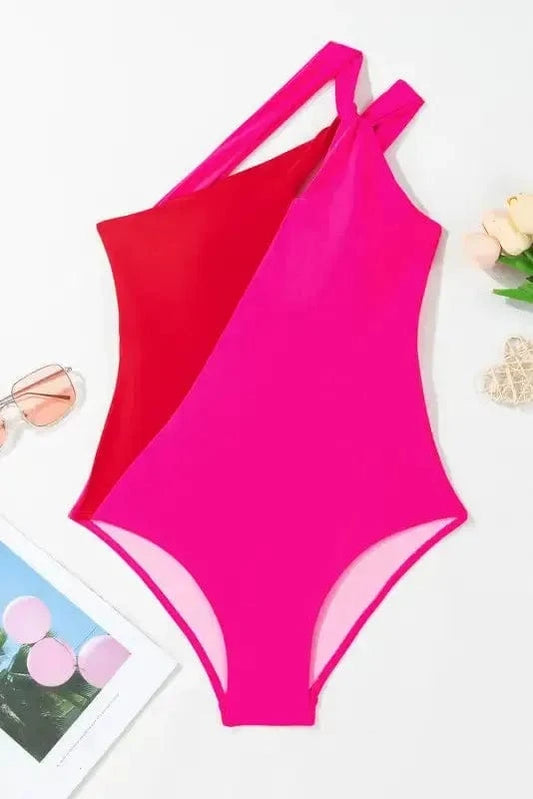 One Piece Swimsuit One-Shoulder One-Piece Swimsuit - Rose Red Two-Tones Knotted