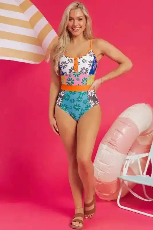 One Piece Swimsuit Orange Floral Teddy Swimsuit