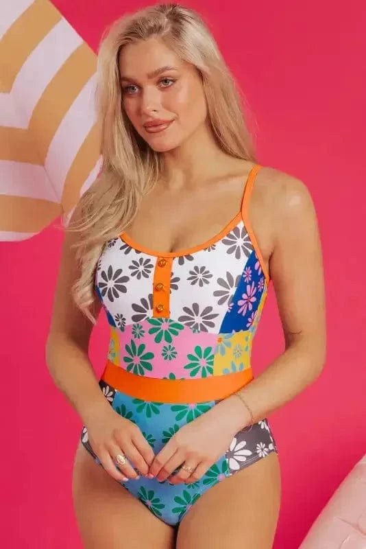 One Piece Swimsuit Orange Floral Teddy Swimsuit