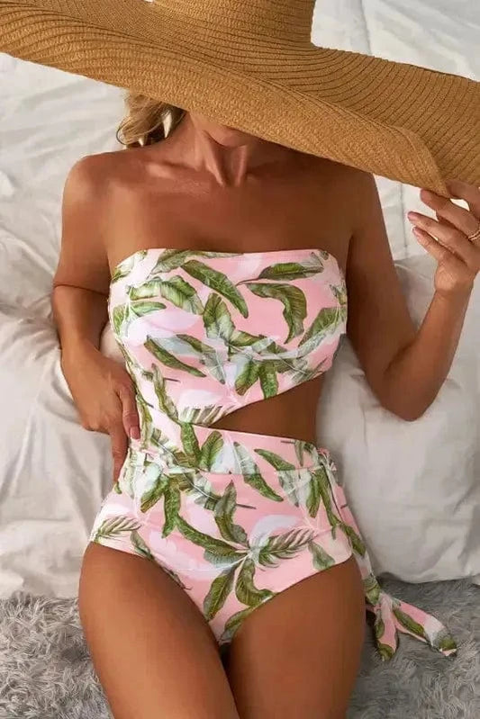 One Piece Swimsuit Pink / S / 85%Polyester+15%Elastane Island Vibes Swimsuit: Pink Tropical Asymmetric One-Piece