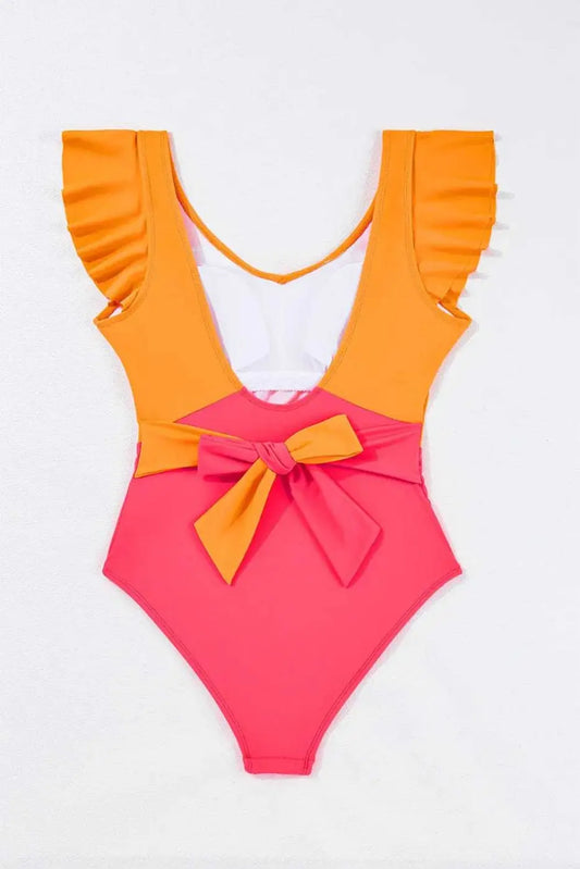One Piece Swimsuit Vitality Backless One-Piece Swimsuit -  Orange Color Block Ruffled