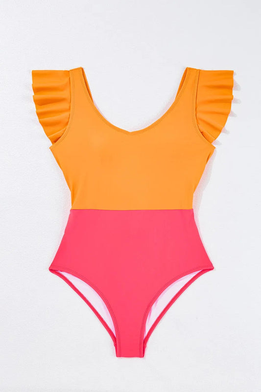 One Piece Swimsuit Vitality Orange / S / 82%Polyamide+18%Elastane Vitality Backless One-Piece Swimsuit -  Orange Color Block Ruffled