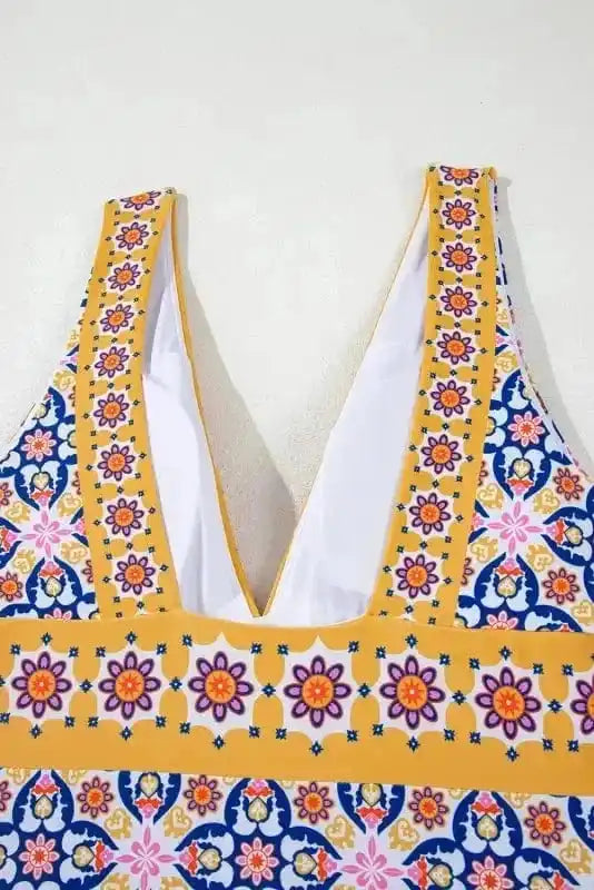 One Piece Swimsuit Yellow Floral One-Piece Swimsuit - V-Neck