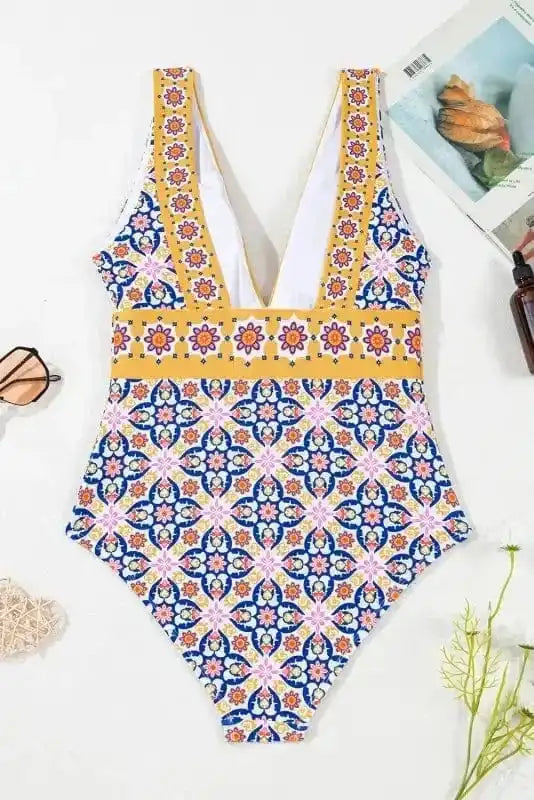 One Piece Swimsuit Yellow Floral One-Piece Swimsuit - V-Neck
