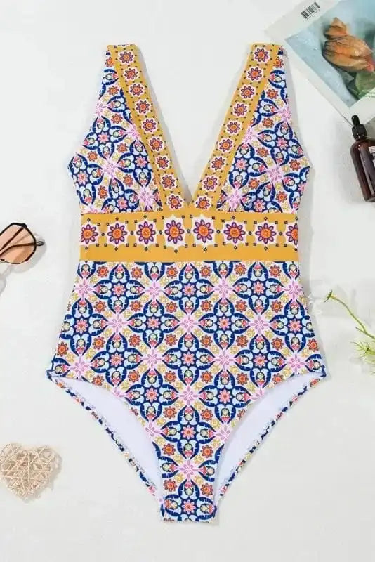 One Piece Swimsuit Yellow Floral One-Piece Swimsuit - V-Neck