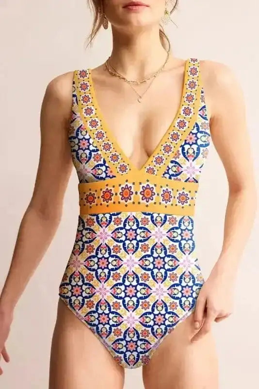 One Piece Swimsuit Yellow Floral One-Piece Swimsuit - V-Neck