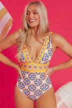 One Piece Swimsuit Yellow Floral One-Piece Swimsuit - V-Neck