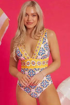 One Piece Swimsuit Yellow Floral One-Piece Swimsuit - V-Neck