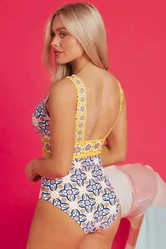 One Piece Swimsuit Yellow Floral One-Piece Swimsuit - V-Neck