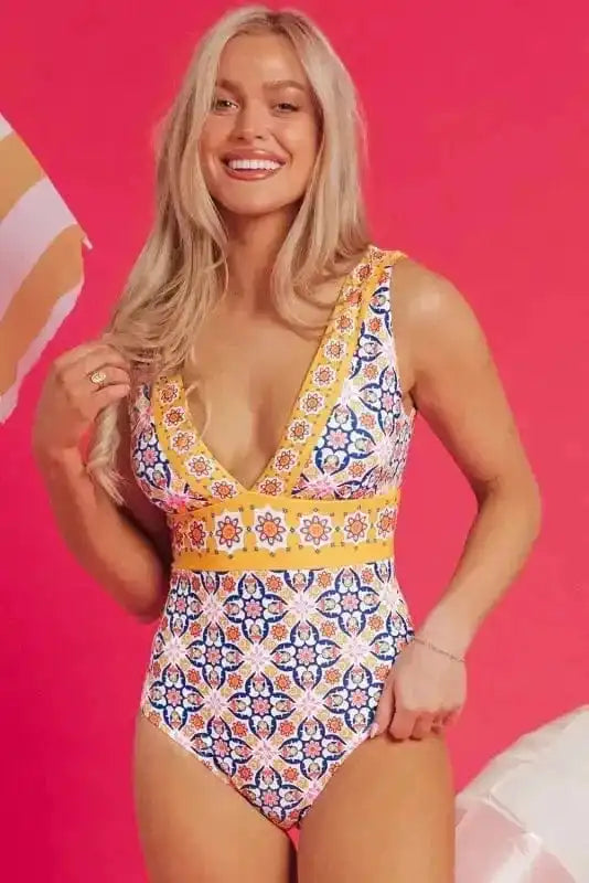 One Piece Swimsuit Yellow / S / 82%Polyamide+18%Elastane Yellow Floral One-Piece Swimsuit - V-Neck