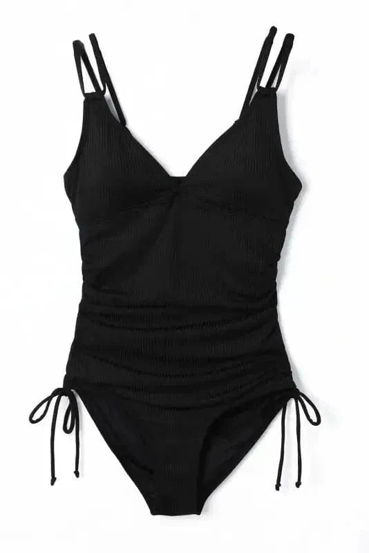 One-Piece Swimsuits Black Ribbed One Piece Swimsuit – Flattering V-Neck Design