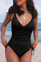 One-Piece Swimsuits Black Ribbed One Piece Swimsuit – Flattering V-Neck Design