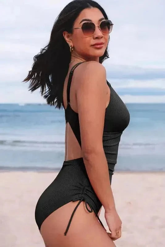 One-Piece Swimsuits Black Ribbed One Piece Swimsuit – Flattering V-Neck Design