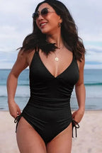 One-Piece Swimsuits Black / S / 90%Polyester+10%Elastane Black Ribbed One Piece Swimsuit – Flattering V-Neck Design