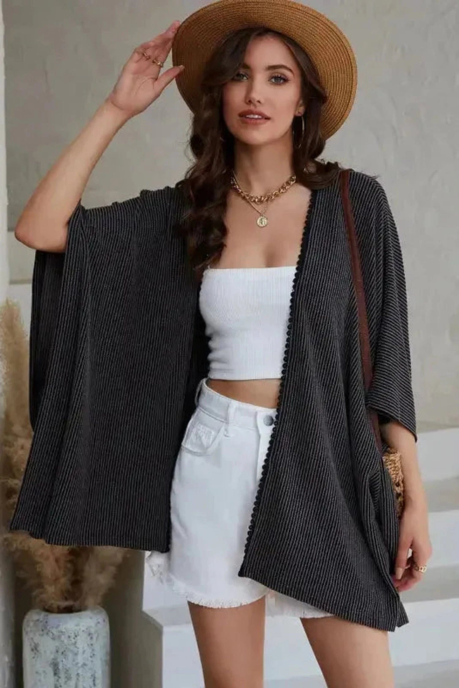 Outerwear Black / ONE SIZE / 65%Polyester+30%Viscose+5%Elastane Ribbed Knit Lace Trim Summer Kimono