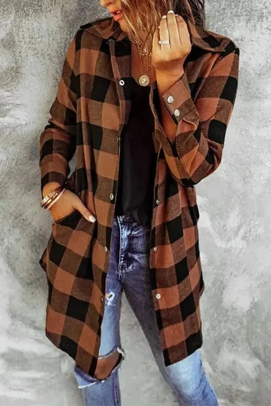 Outerwear Blue Turn-down Collar Plaid Shirt Jacket