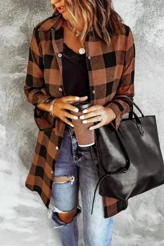 Outerwear Blue Turn-down Collar Plaid Shirt Jacket
