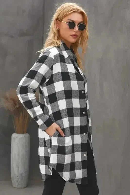 Outerwear Blue Turn-down Collar Plaid Shirt Jacket