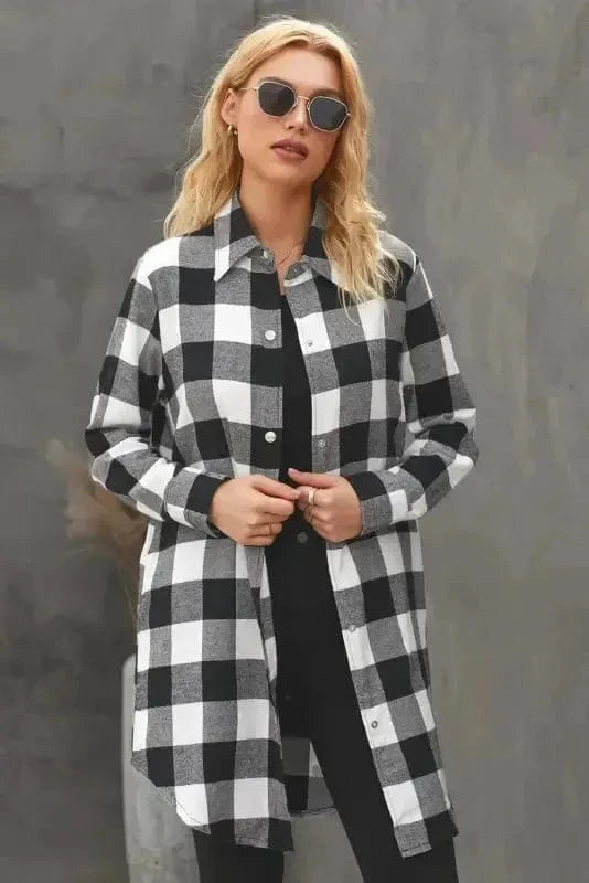Outerwear Blue Turn-down Collar Plaid Shirt Jacket