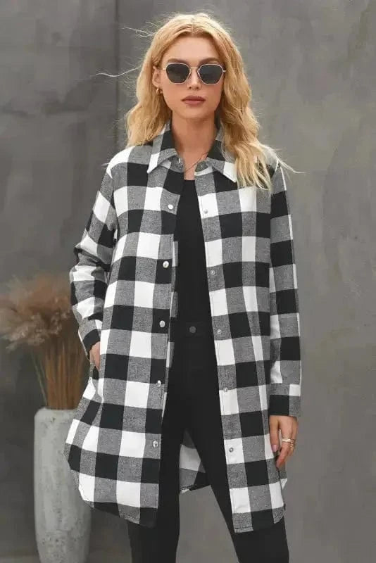 Outerwear Blue Turn-down Collar Plaid Shirt Jacket
