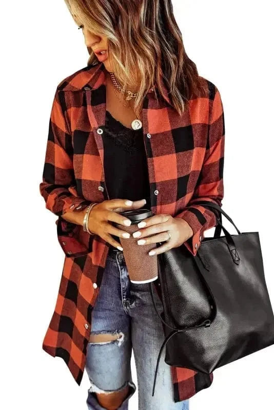 Outerwear Blue Turn-down Collar Plaid Shirt Jacket