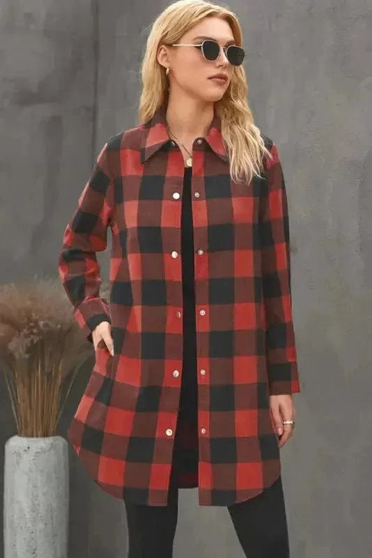 Outerwear Blue Turn-down Collar Plaid Shirt Jacket