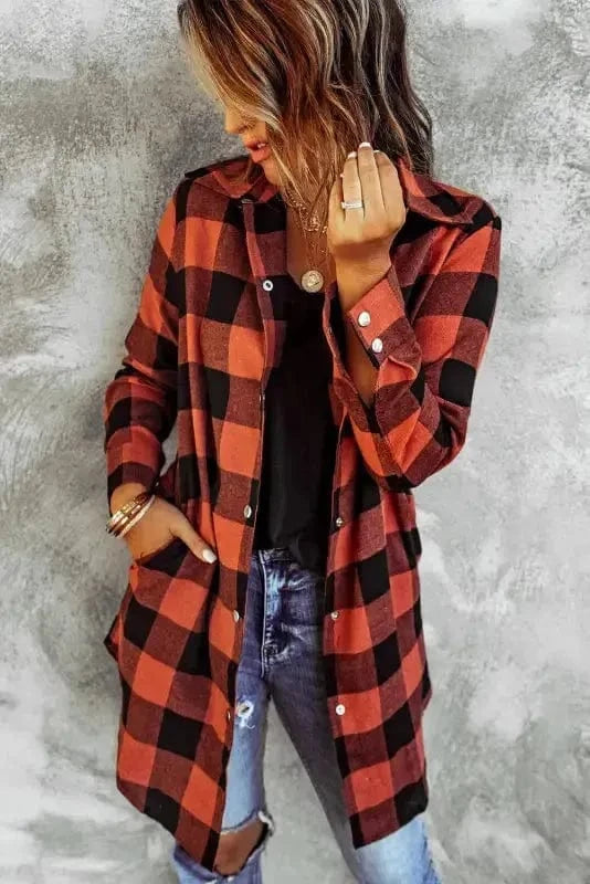 Outerwear Blue Turn-down Collar Plaid Shirt Jacket