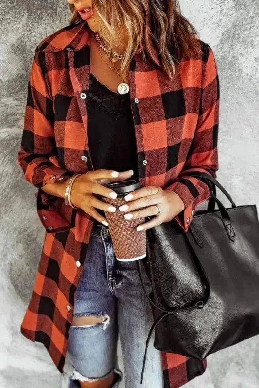 Outerwear Blue Turn-down Collar Plaid Shirt Jacket
