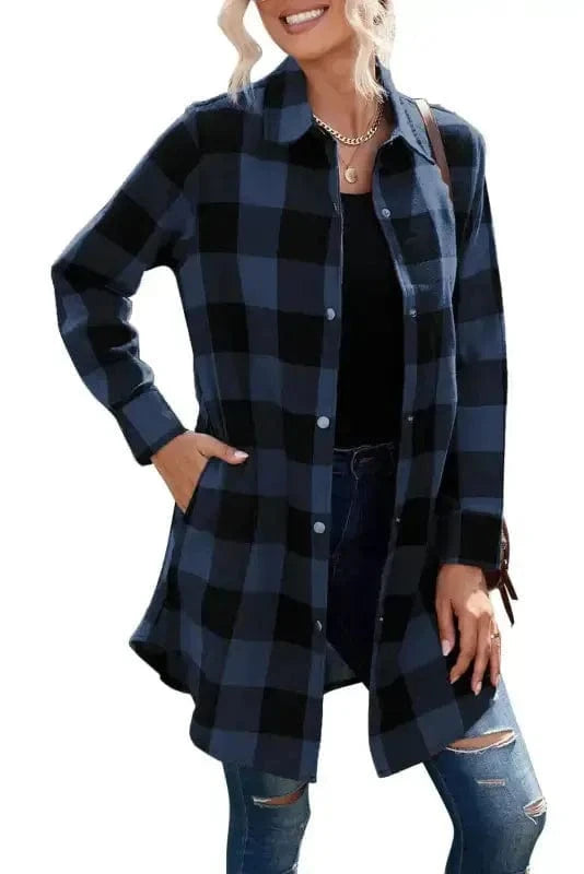 Outerwear Blue Turn-down Collar Plaid Shirt Jacket