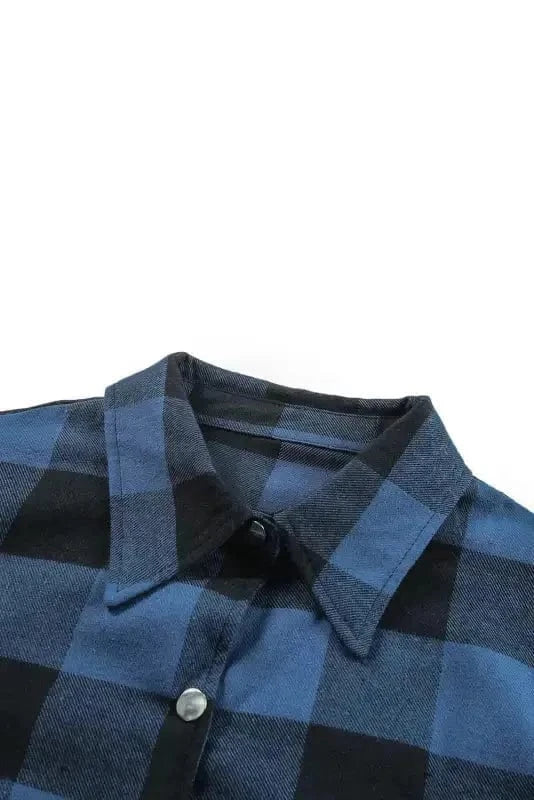 Outerwear Blue Turn-down Collar Plaid Shirt Jacket