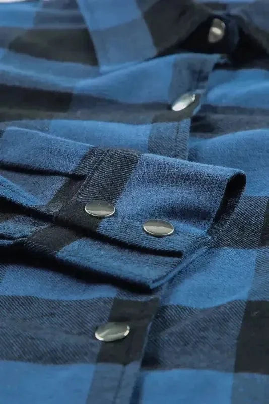 Outerwear Blue Turn-down Collar Plaid Shirt Jacket