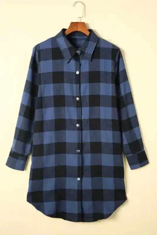 Outerwear Blue Turn-down Collar Plaid Shirt Jacket