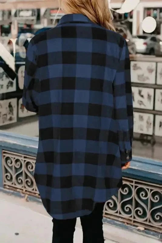 Outerwear Blue Turn-down Collar Plaid Shirt Jacket
