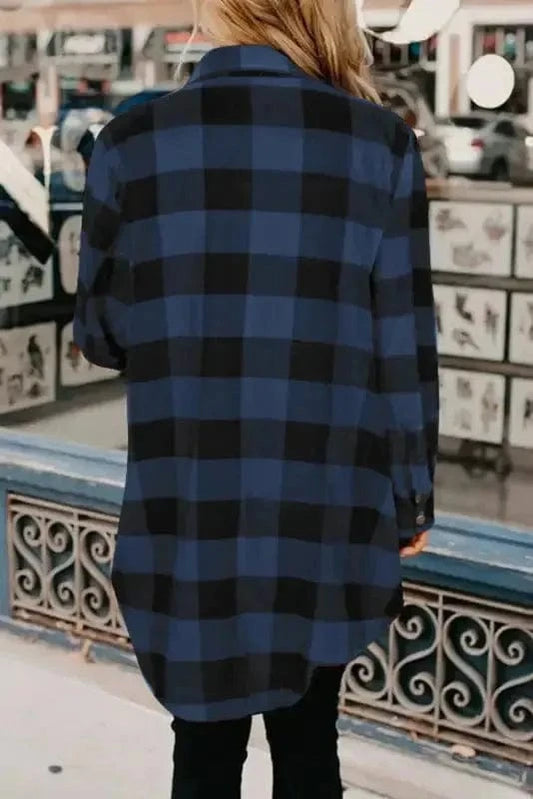 Outerwear Blue Turn-down Collar Plaid Shirt Jacket