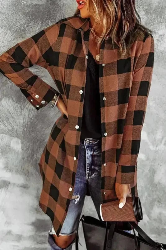 Outerwear Brown / S / 95%Polyester+5%Elastane Blue Turn-down Collar Plaid Shirt Jacket